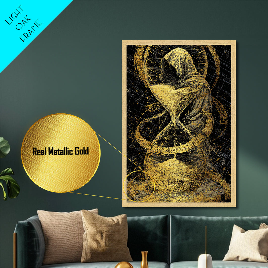 Hooded Figure In Hourglass Timepiece, Metallic Gold Art Print, Mythological Decorative Wall Art, Symbolic Design, Real Wood Frame