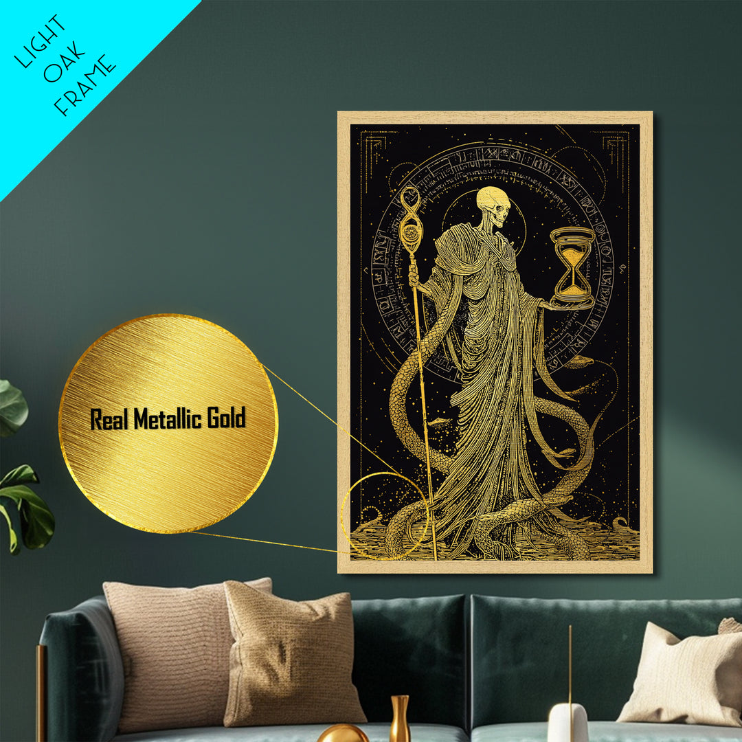 Chronos Metallic Gold Metal Print, Mythological Skeleton Holding Hourglass, Esoteric Wall Art, Real Wood Framed Artwork