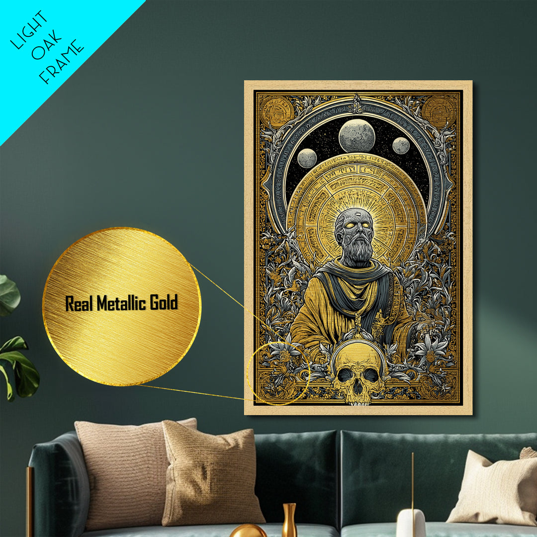 Coeus Metallic Gold Metal Print, Greek Titan Of Intellect Artwork, Mythology Inspired Wall Art, Real Wood Frame Display