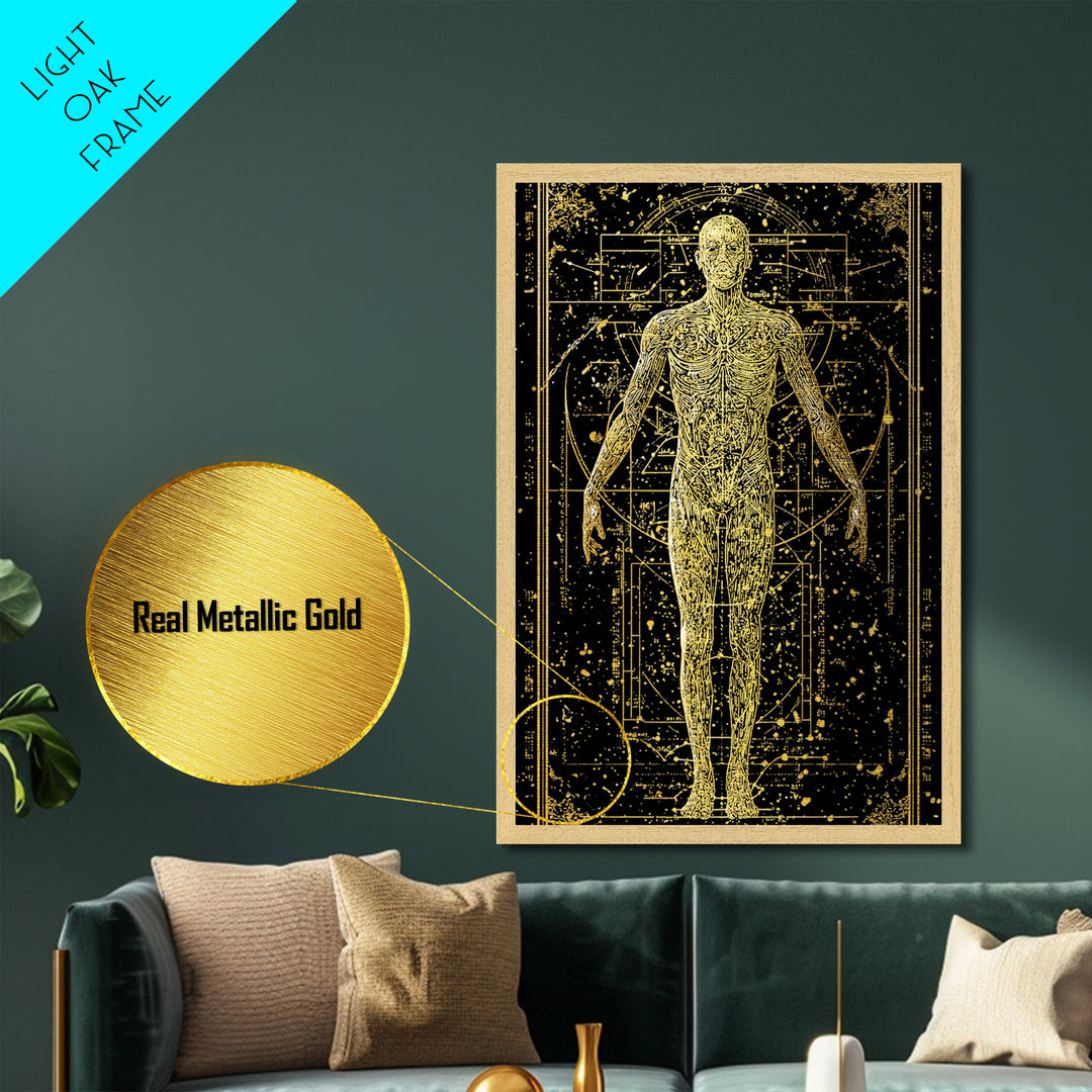 Vitruvian Human Anatomy Metallic Gold Metal Print, Sacred Geometry Wall Art, Celestial Body Illustration, Real Wood Frame Decor