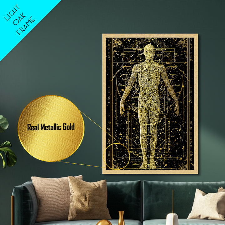 Vitruvian Human Anatomy Metallic Gold Metal Print, Sacred Geometry Wall Art, Celestial Body Illustration, Real Wood Frame Decor