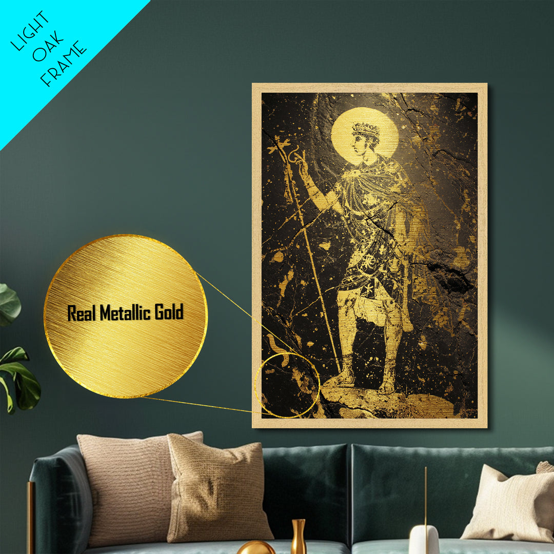 Constantine Metallic Gold Metal Print, Byzantine Roman Emperor Holding Staff Artwork, Regal Historical Wall Art, Wood Frame