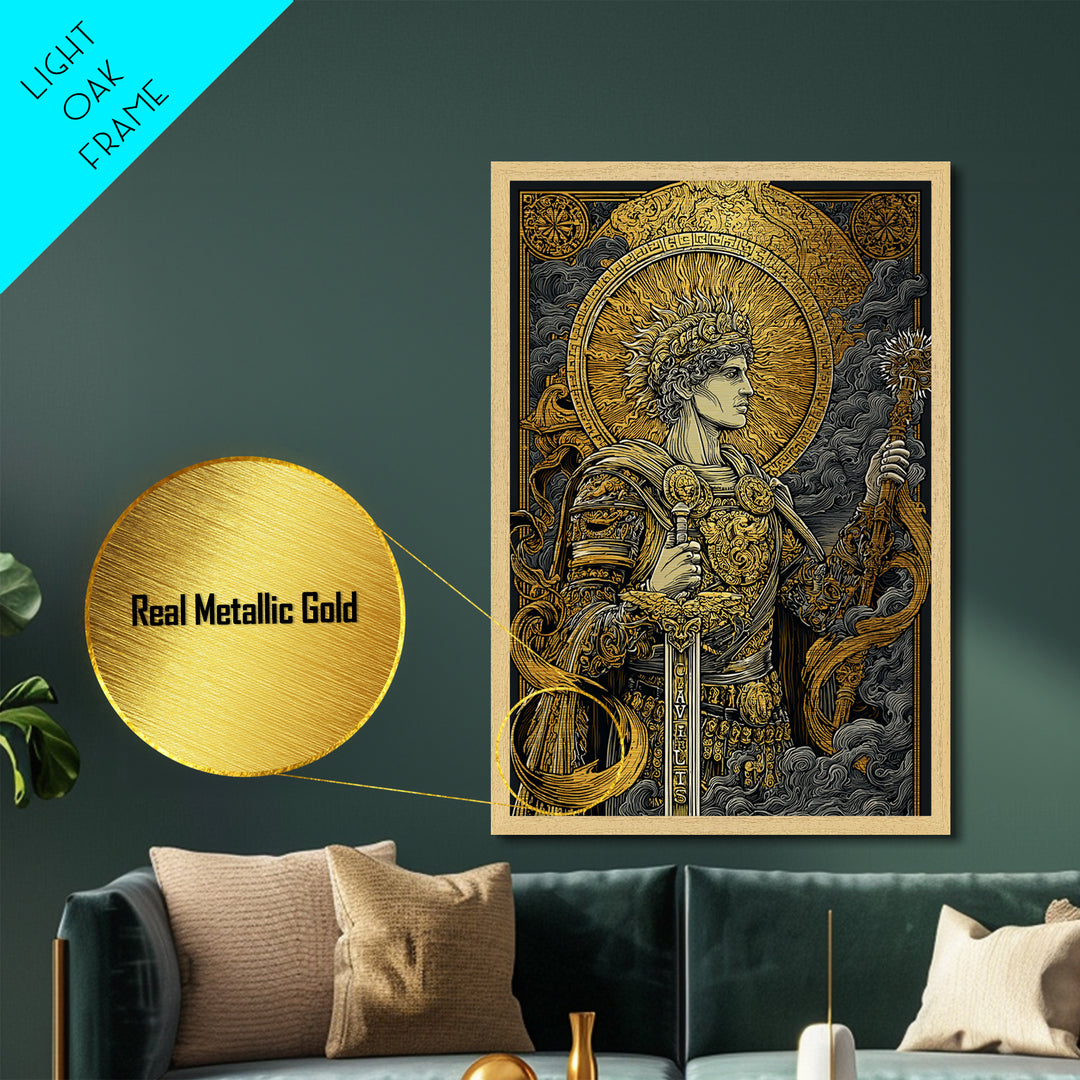 Classical Warrior God Artwork, Metallic Gold Metal Print, Mythology Wall Art, Ancient Roman Style, Real Wood Frame Decor