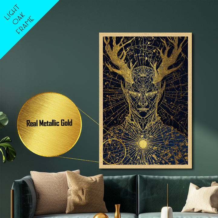 Geometric Antler God Artwork, Metallic Gold Art Print, Mythology Constellation Wall Decor, Cosmic Style, Real Wood Frame