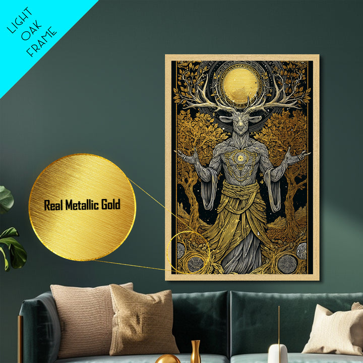Forest Deer God Artwork, Metallic Gold Metal Print, Pagan Mythology Wall Art, Nature Spirit Decor, Real Wood Frame Accent