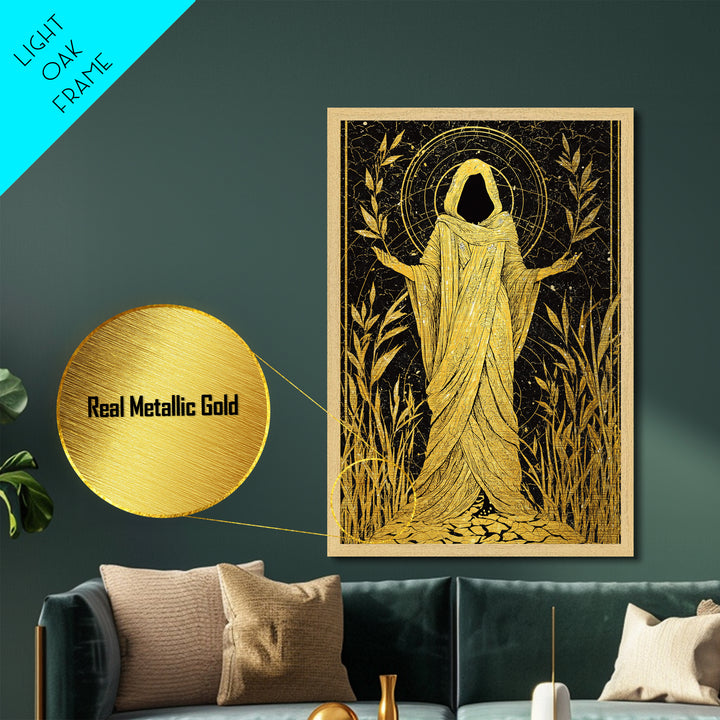 Mystical Hooded Figure Artwork, Metallic Gold Art Print, Mythology Spiritual Wall Decor, Divine Goddess Style, Real Wood Frame
