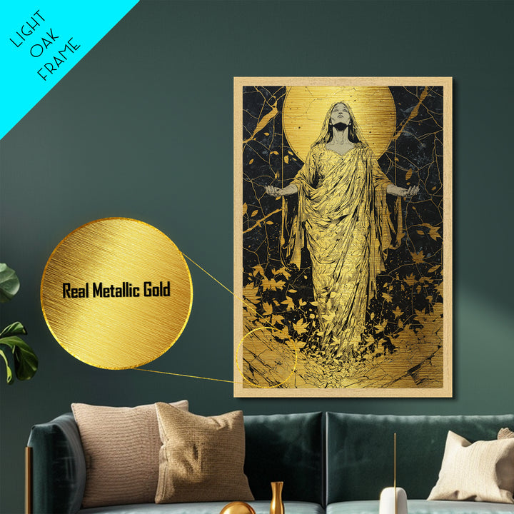 Ancient Goddess Rising Artwork, Metallic Gold Metal Print, Mythology Divine Feminine Wall Art, Celestial Style, Real Wood Frame