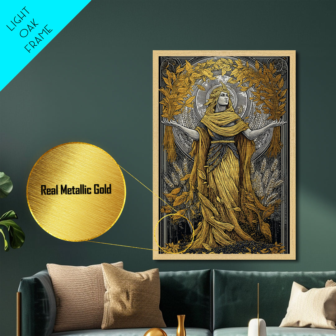 Harvest Goddess Artwork, Metallic Gold Art Print, Ancient Mythology Wall Decor, Wheat and Leaves Motif, Real Wood Frame Display