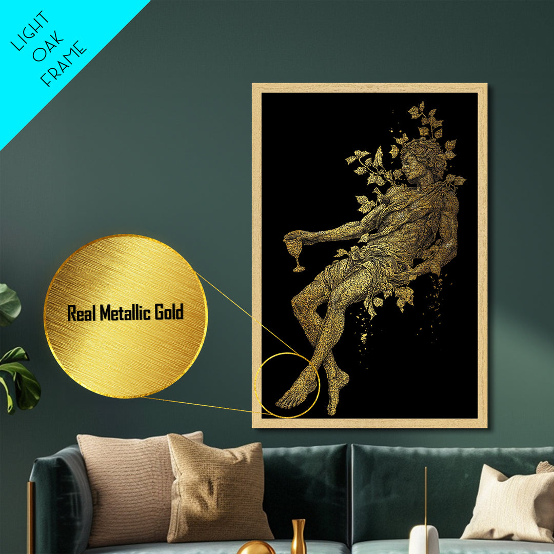 Resting God With Wine Artwork, Metallic Gold Metal Print, Mythology Dionysus Inspired Wall Art, Mosaic Style, Real Wood Frame