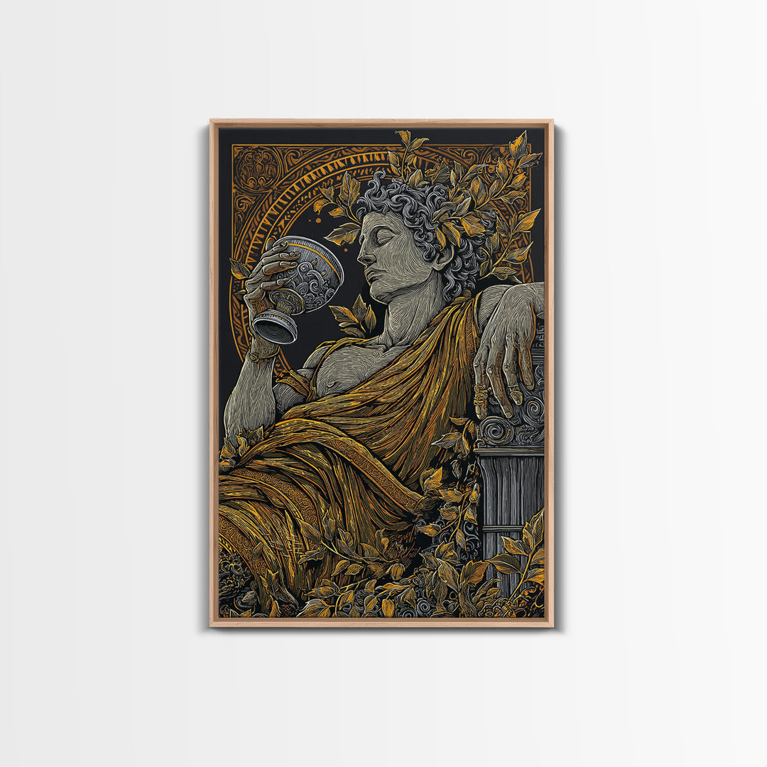 Reclining God With Chalice Artwork, Canvas Gold Art Print, Mythology Inspired Wall Decor, Classical Greek Style, Real Wood Frame