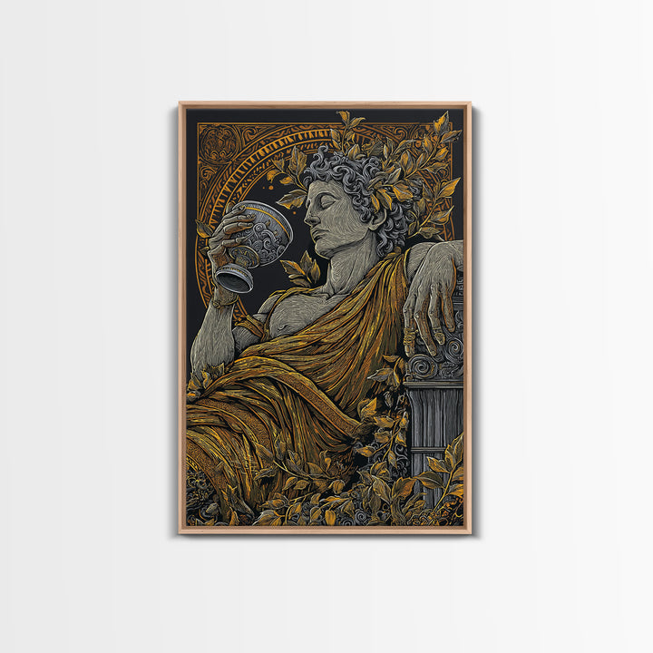 Reclining God With Chalice Artwork, Canvas Gold Art Print, Mythology Inspired Wall Decor, Classical Greek Style, Real Wood Frame