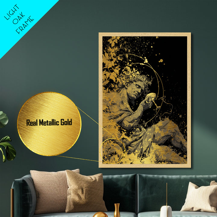 Mythology God Drinking Artwork, Metallic Gold Metal Print, Ancient Dionysus Inspired Wall Art, Wine Motif Decor, Real Wood Frame