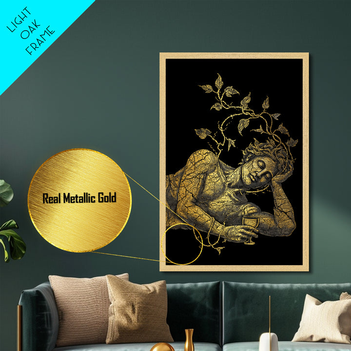 Sleeping God With Vines Artwork, Metallic Gold Art Print, Mythology Dionysus Inspired Wall Decor, Mosaic Style, Real Wood Frame