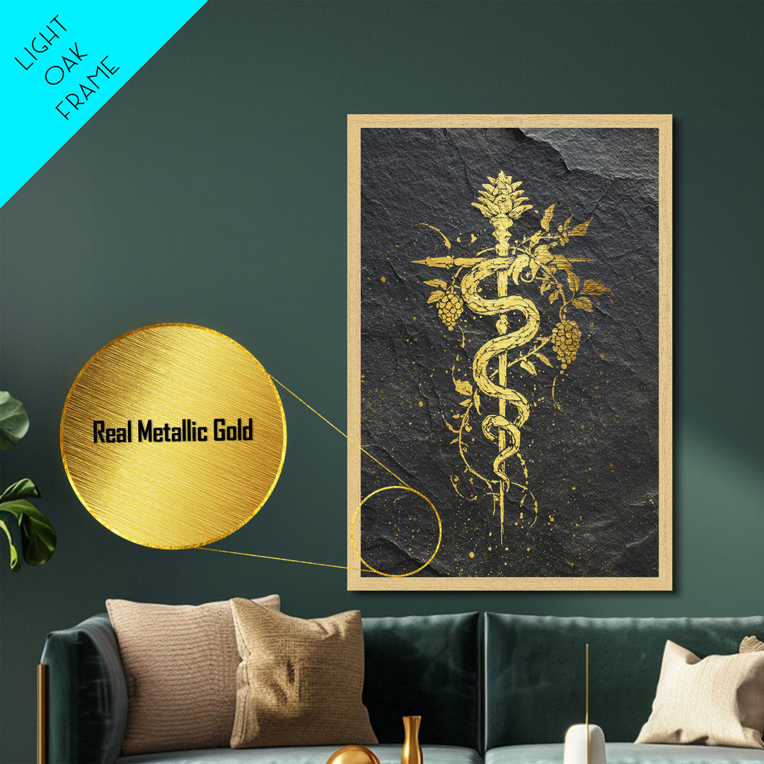 Mythical Serpent Staff Metallic Gold Metal Print, Ancient Symbolic Snake Art, Luxury Decor With Real Wood Frame