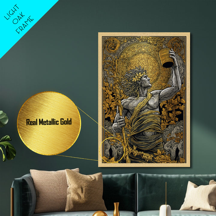 Dionysus Celebration Metallic Gold Metal Print, Greek God Of Wine Wall Art, Mythology Decor With Real Wood Frame