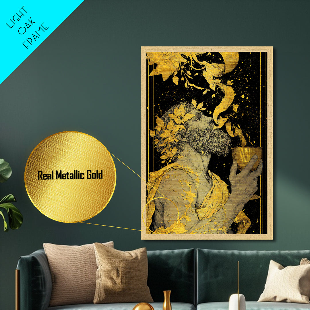 Bearded Dionysus Metallic Gold Metal Print, Greek Mythology Wine God Wall Art, Regal Luxury Decor With Real Wood Frame