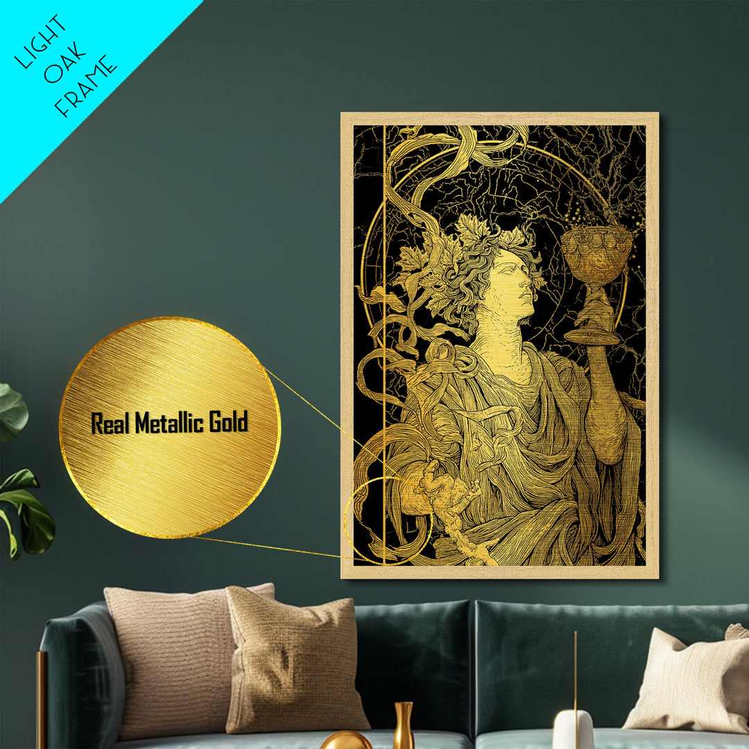 Dionysus With Chalice Metallic Gold Metal Print, Ancient Greek God Art, Mythology Home Decor With Real Wood Frame