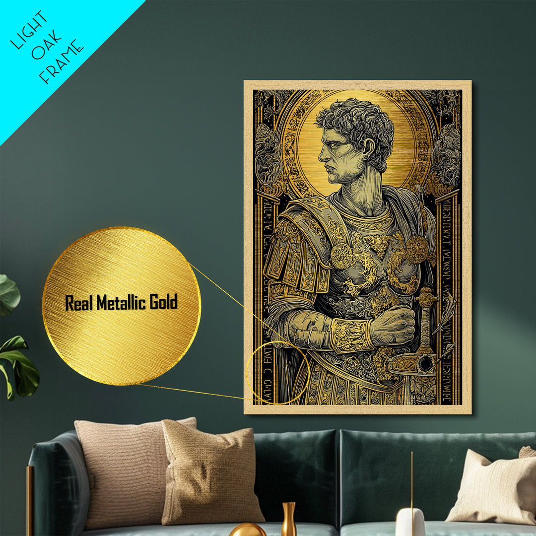 Roman General Portrait Metallic Gold Metal Print, Ancient Warrior Wall Art, Regal Classical Decor With Real Wood Frame