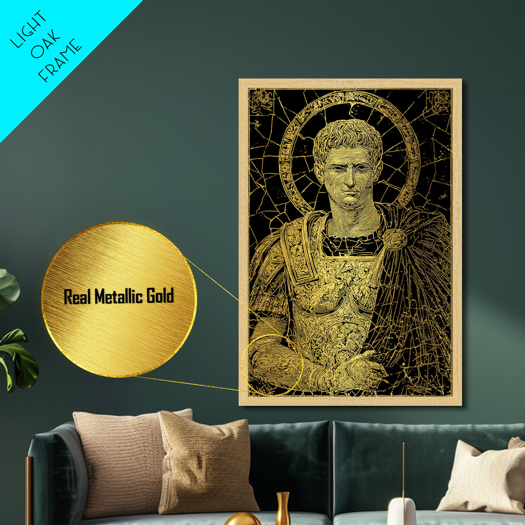 Augustus Caesar Metallic Gold Metal Print, Roman Emperor Portrait Wall Art, Ancient Regal Decor With Real Wood Frame