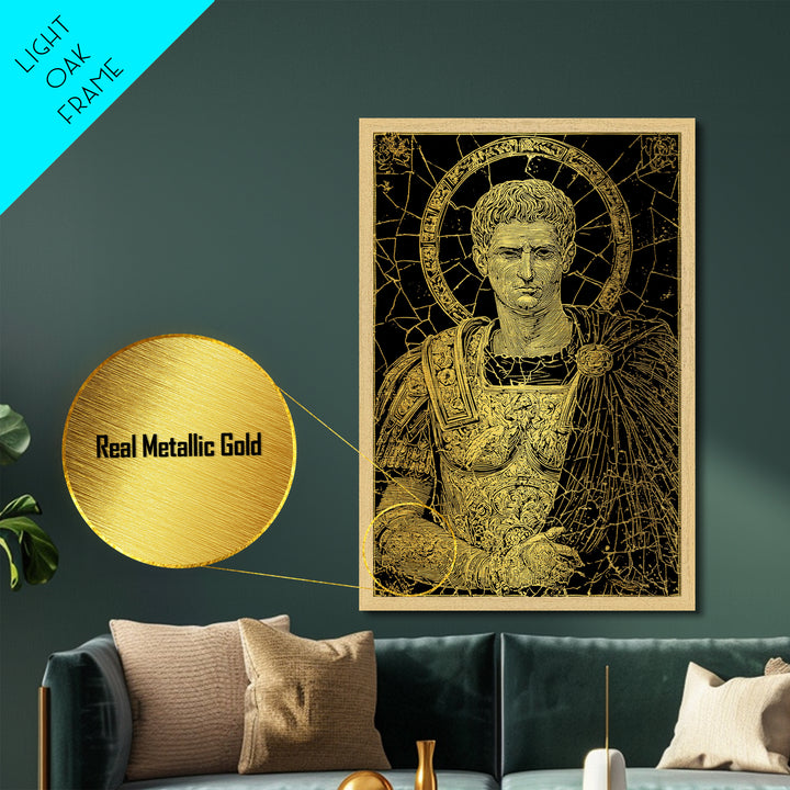 Augustus Caesar Metallic Gold Metal Print, Roman Emperor Portrait Wall Art, Ancient Regal Decor With Real Wood Frame