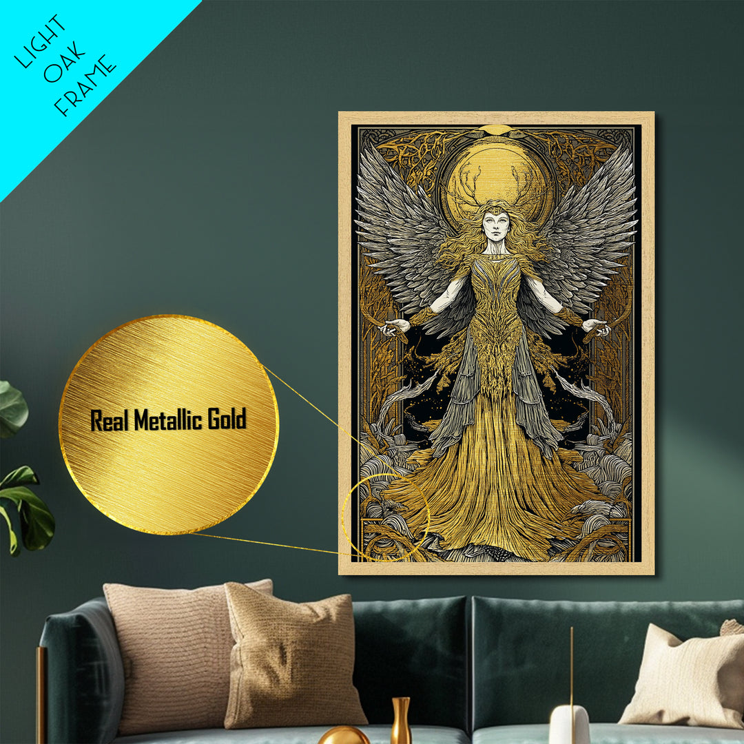Mythical Winged Goddess Metallic Gold Metal Print, Fantasy Divine Woman Art, Ethereal Luxury Decor With Real Wood Frame