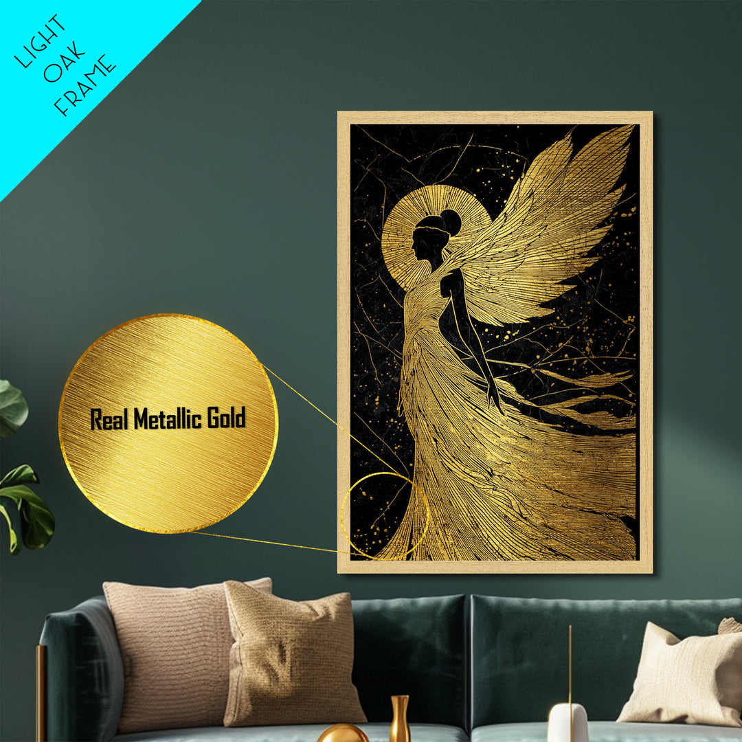 Golden Angelic Silhouette Metallic Gold Metal Print, Elegant Divine Figure Art, Celestial Decor With Real Wood Frame