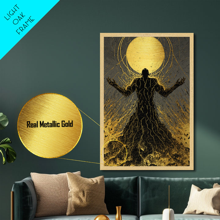 Cosmic Ascension Metallic Gold Metal Print, Abstract Silhouette Moon Art, Spiritual Mythology Decor With Real Wood Frame