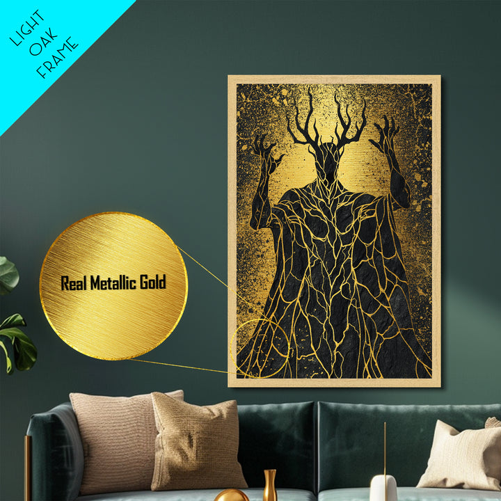 Antlered Mythical Deity Metallic Gold Metal Print, Fantasy Abstract Wall Art, Mystical Surreal Figure, Real Wood Frame