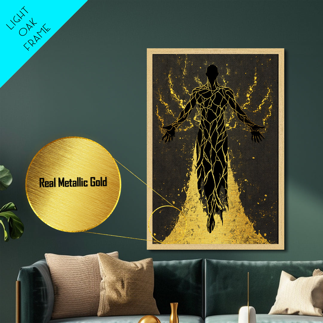 Radiant Ascension Metallic Gold Metal Print, Mythological Abstract Silhouette, Celestial Fantasy Wall Art, Real Wood Frame