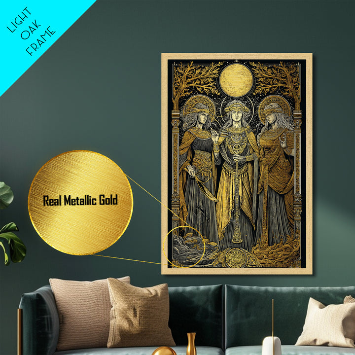 Three Goddesses Mythological Metallic Gold Metal Print, Greek Goddess Wall Art, Sacred Feminine Decorative Art, Real Wood Frame