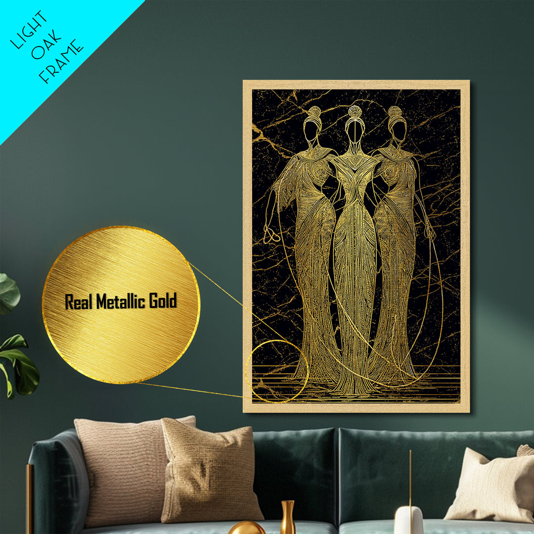 The Fates Mythological Metallic Gold Metal Print, Destiny Goddess Wall Art, Greek Myth Symbolism, Elegant Decor, Real Wood Frame
