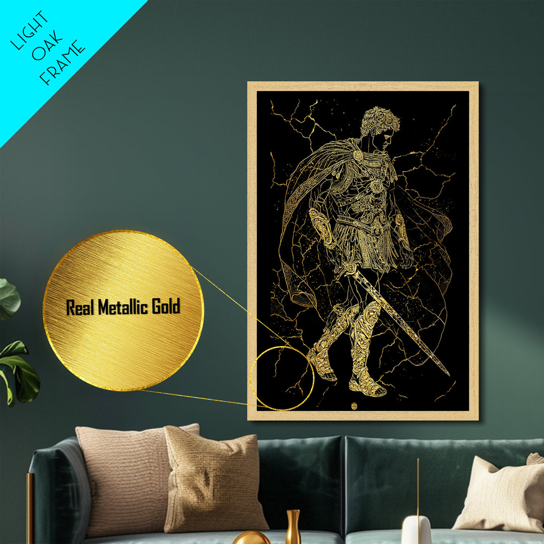 Roman Warrior Hero Metallic Gold Metal Print, Ancient Gladiator Wall Art, Mythological Soldier Decor, Real Wood Frame