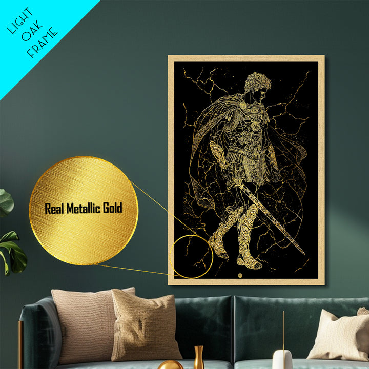 Roman Warrior Hero Metallic Gold Metal Print, Ancient Gladiator Wall Art, Mythological Soldier Decor, Real Wood Frame