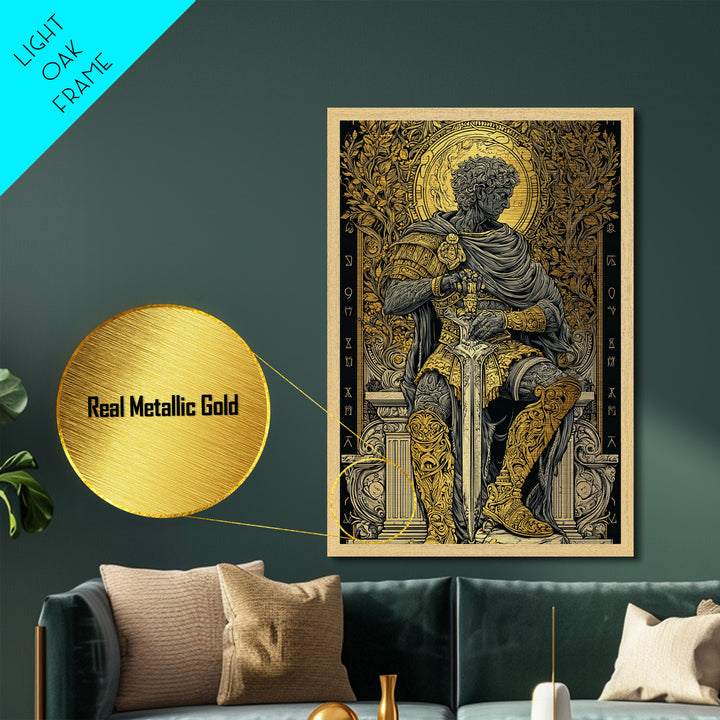 Seated Roman King Metallic Gold Metal Print, Ancient Emperor Wall Art, Regal Mythological Decor, Real Wood Frame