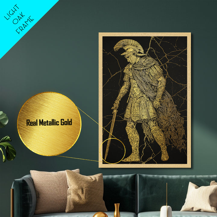 Mythical Roman Soldier Metallic Gold Metal Print, Ancient Gladiator Wall Art, Warrior Decorative Art, Real Wood Frame