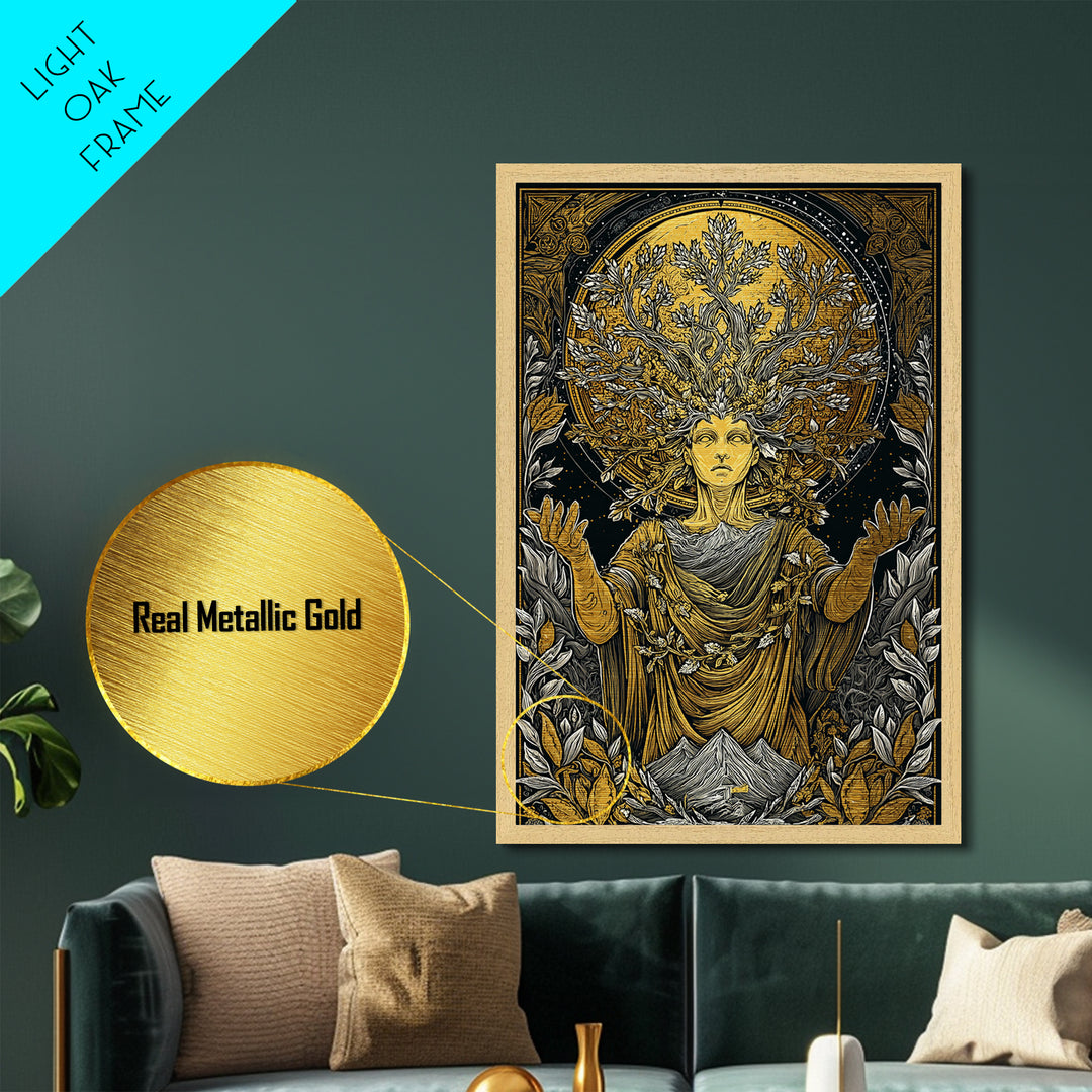 Gaia Mother Earth Metallic Gold Metal Print, Greek Goddess Wall Art, Divine Nature Decorative Art, Real Wood Frame