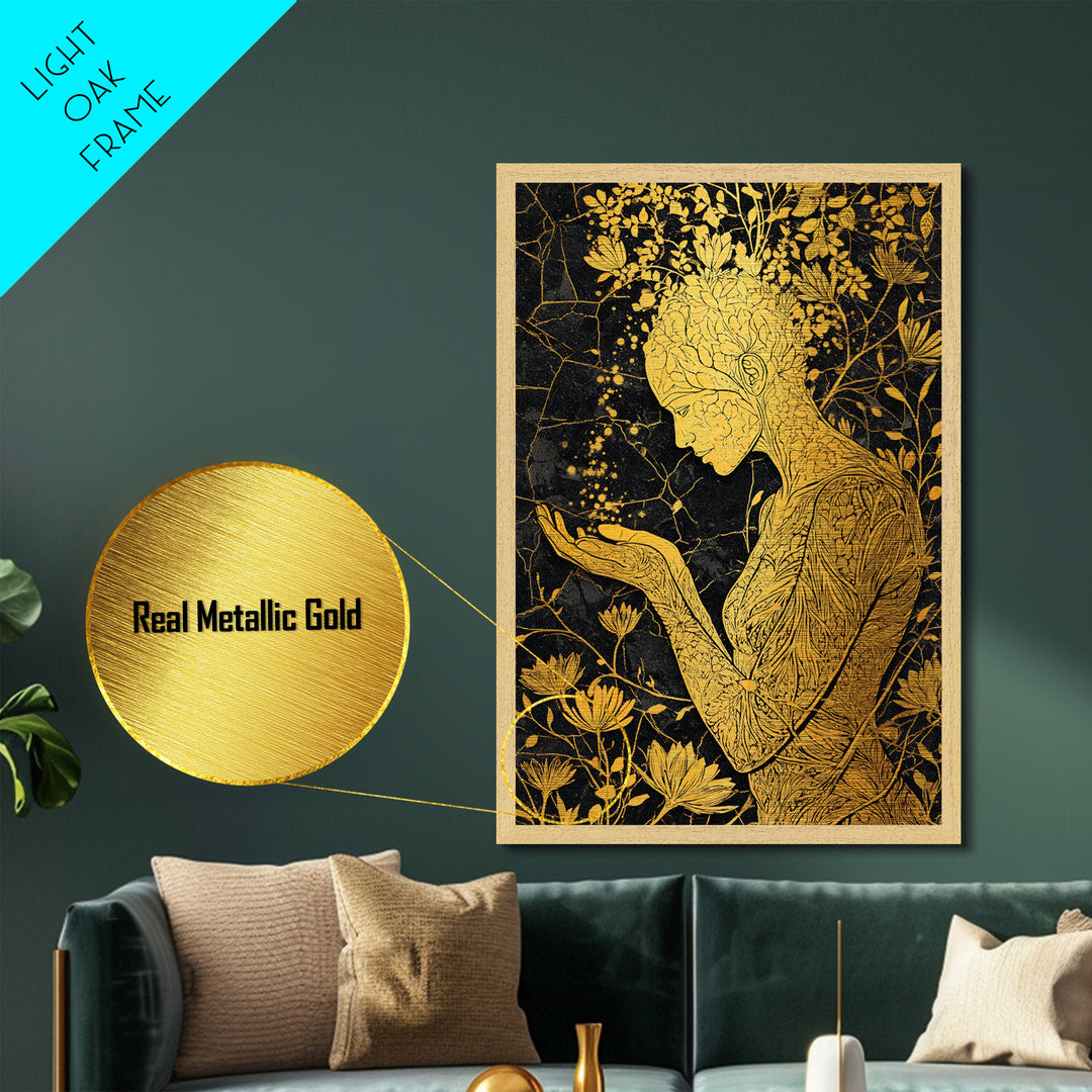 Floral Spirit Goddess Metallic Gold Metal Print, Botanical Mythological Wall Art, Feminine Divine Decor, Real Wood Frame