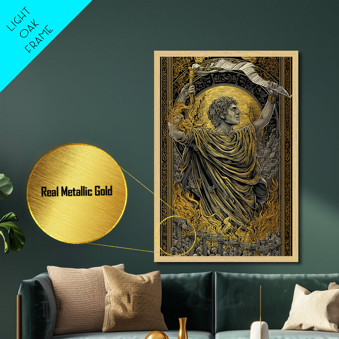 Ancient Roman Emperor Metallic Gold Metal Print, Greek Mythological Wall Art, Heroic Decorative Art, Real Wood Frame