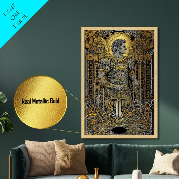 Roman Warrior Holding Sword, Metallic Gold Metal Print, Ancient Soldier Artwork, Mythology Wall Art, Real Wood Frame
