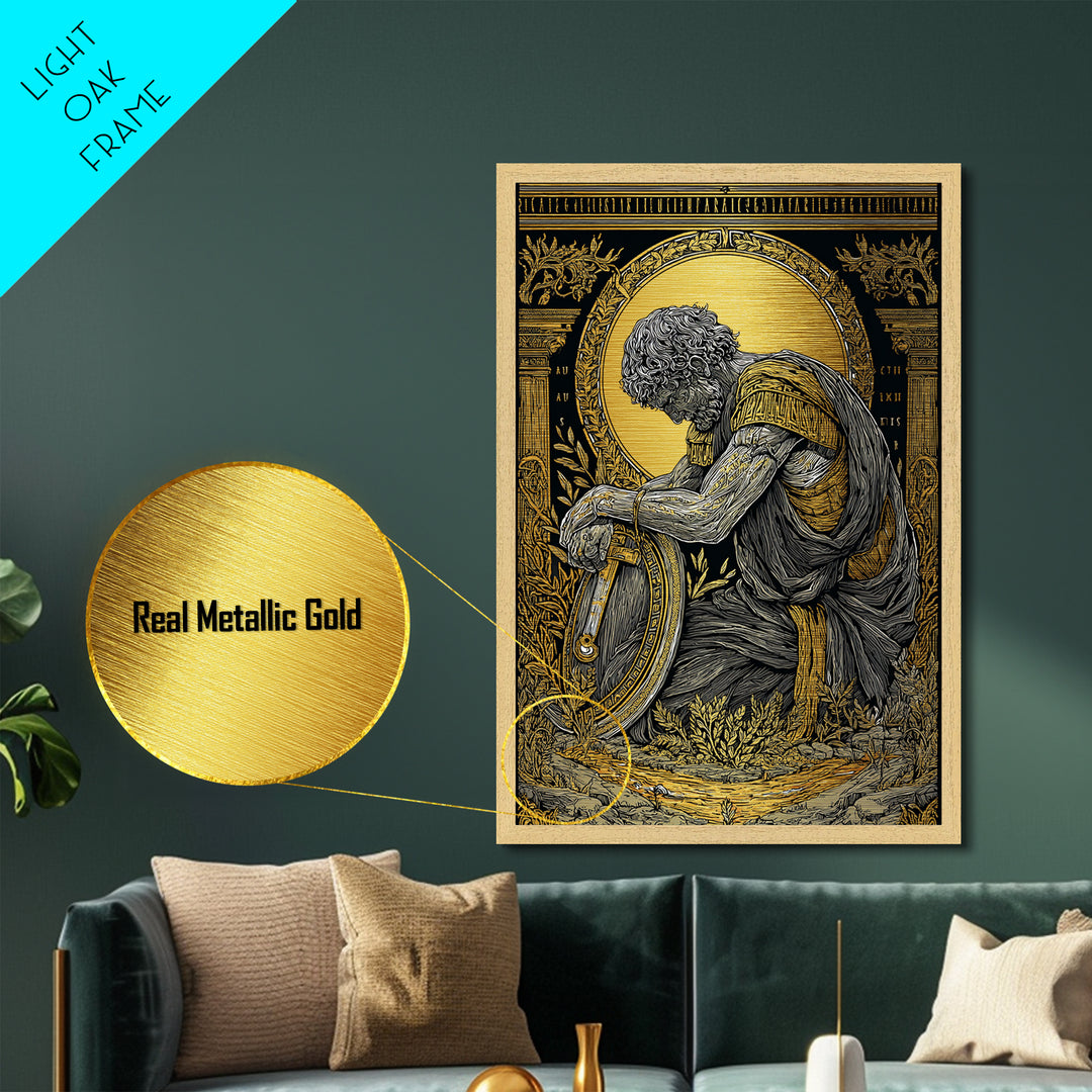 Kneeling Roman Soldier With Shield, Metallic Gold Art, Mythology Inspired Print, Ancient History Wall Decor, Real Wood Frame