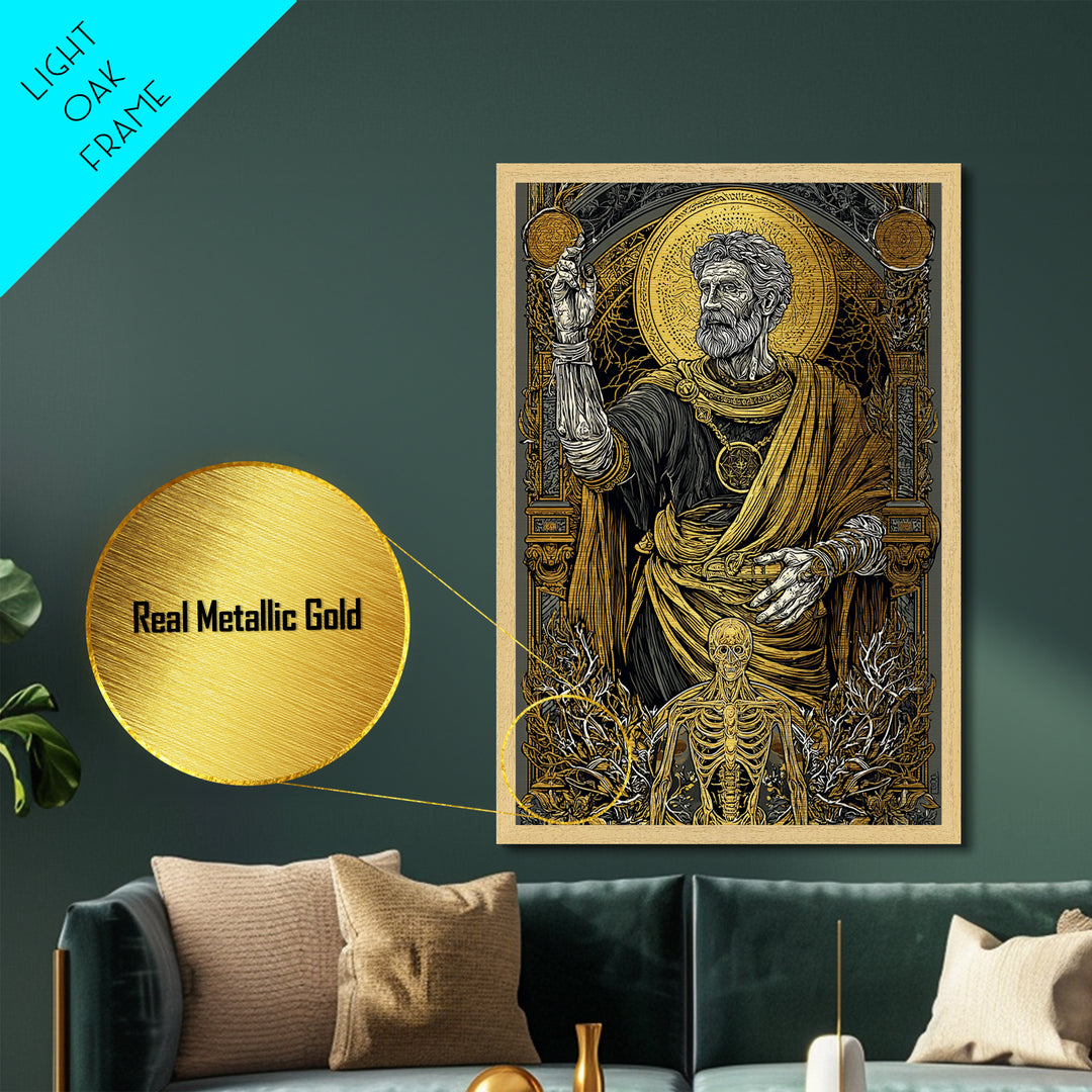 Ancient Philosopher With Skeleton, Metallic Gold Metal Print, Mythology Wall Art, Classical History Artwork, Real Wood Frame