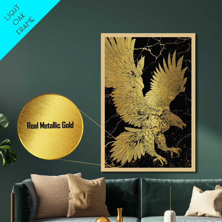 Majestic Eagle In Flight, Metallic Gold Art, Mythology Inspired Bird Print, Ancient Symbol Wall Decor, Luxury Real Wood Frame