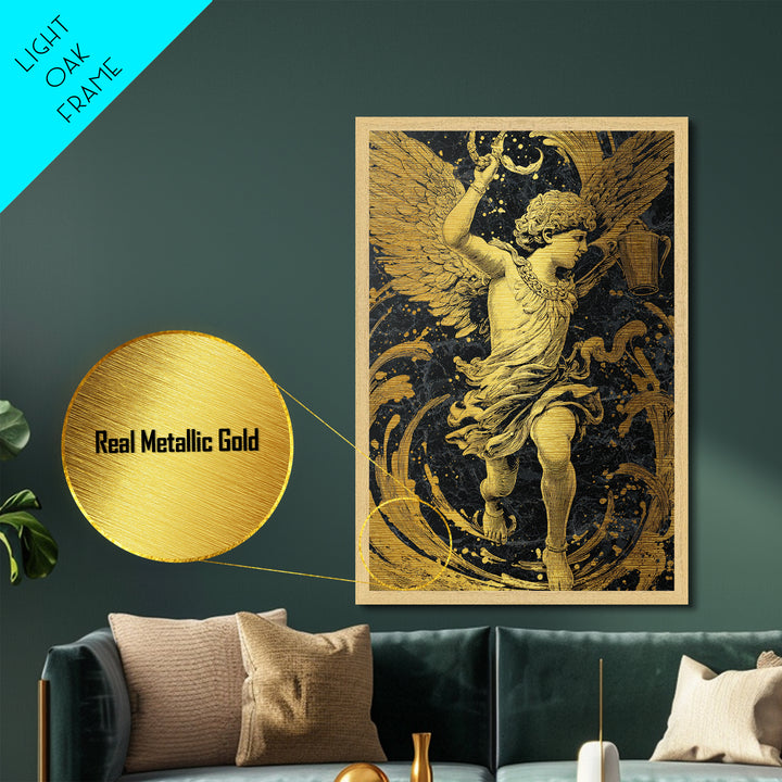 Winged Angel With Water Vessel, Metallic Gold Metal Print, Mythology Inspired Artwork, Ancient Classical Decor, Real Wood Frame
