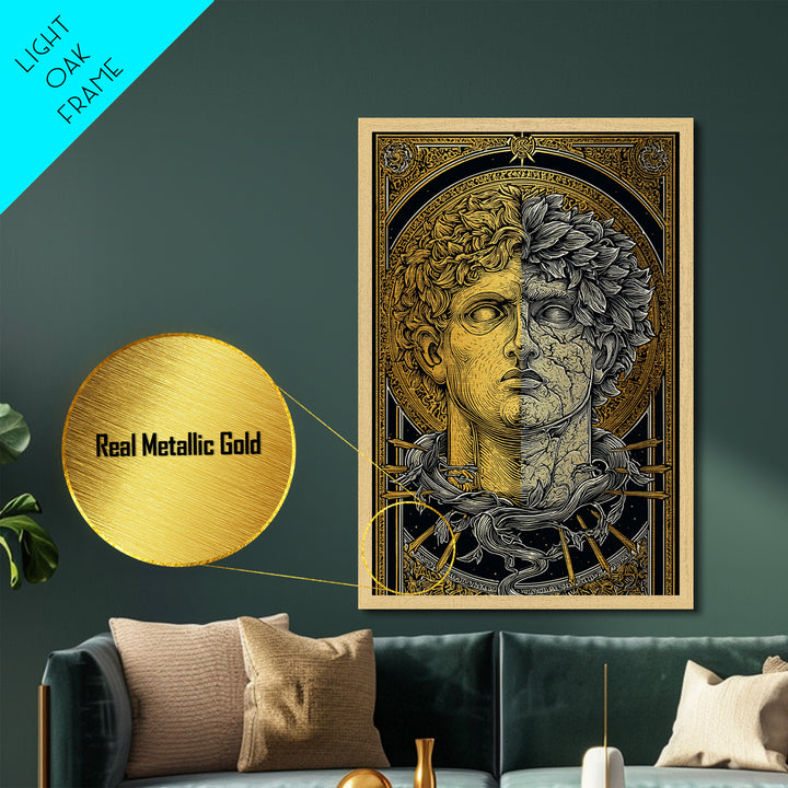 Dual Faced Mythological Bust, Metallic Gold Metal Print, Ancient Symbolic Artwork, Mythology Inspired Wall Decor, Real Wood Frame
