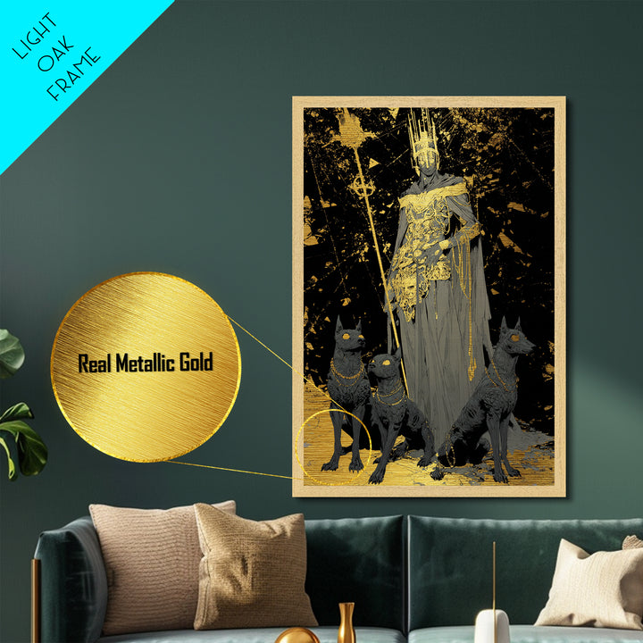 Dark King With Hounds, Metallic Gold Art, Mythology Inspired Metal Print, Ancient Underworld Wall Artwork, Real Wood Frame