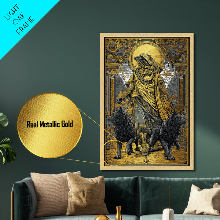 Hooded Deity With Wolves, Metallic Gold Metal Print, Mythology Inspired Artwork, Ancient Symbolic Wall Decor, Real Wood Frame