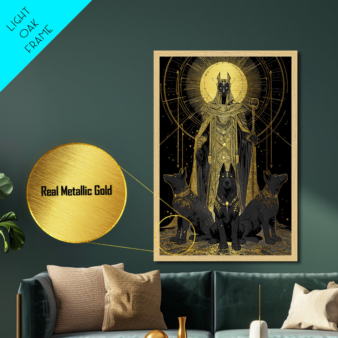 Anubis With Sacred Hounds, Metallic Gold Art, Mythology Inspired Metal Print, Egyptian God Wall Artwork, Real Wood Frame
