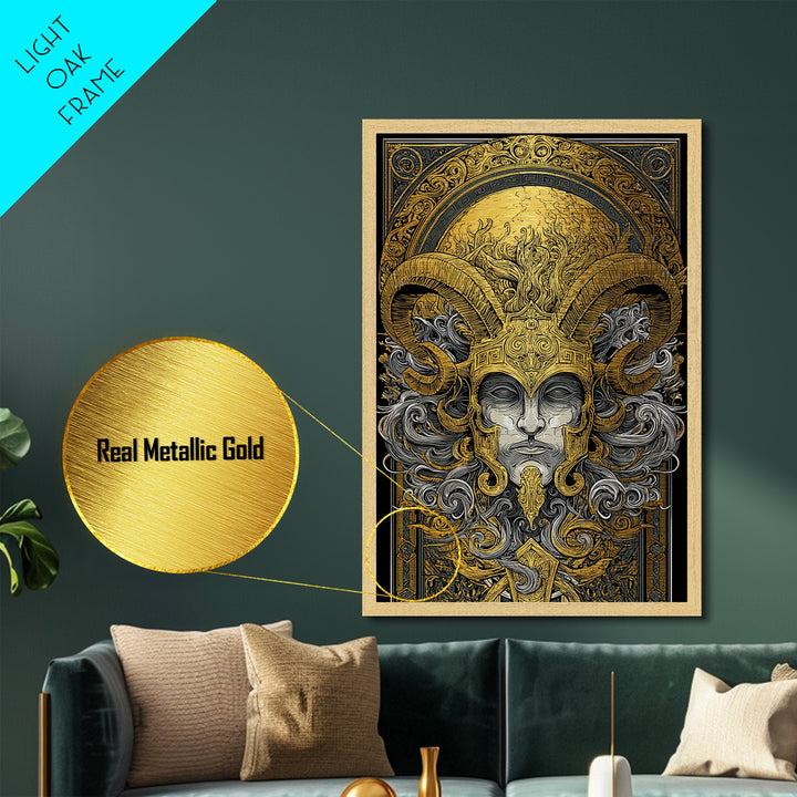 Mythical Horned Warrior Metallic Gold Metal Print, Intricate Greek God Art, Luxury Wall Decor, Real Wood Frame Artwork