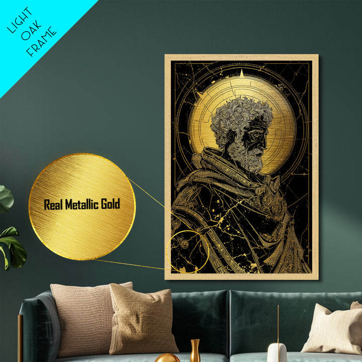 Ancient Philosopher Bust Metallic Gold Metal Print, Greek Portrait Wall Art, Regal Mythology Decor, Real Wood Frame