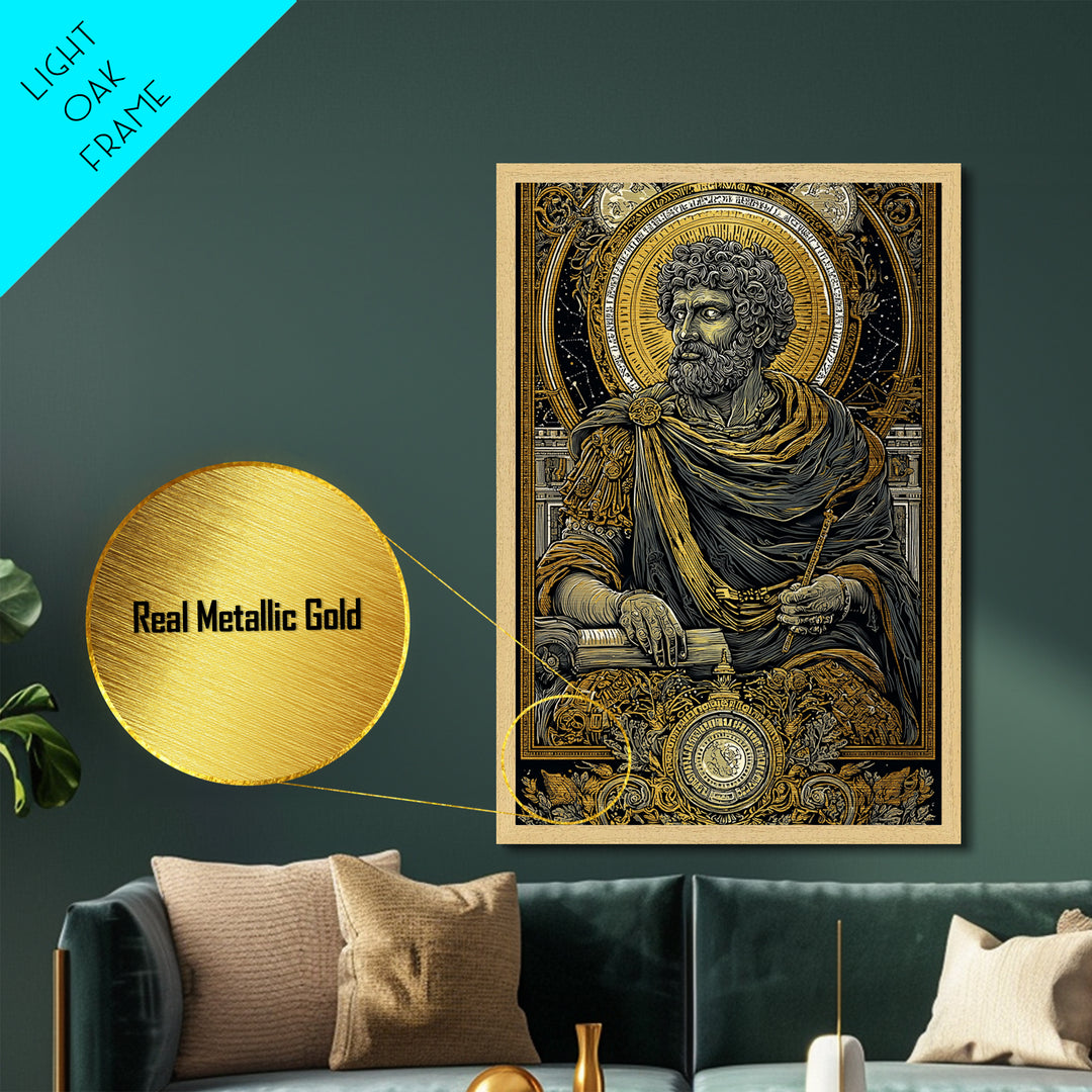 Roman Emperor Study Metallic Gold Metal Print, Classical Greek God Art, Luxurious Mythology Wall Decor, Real Wood Frame